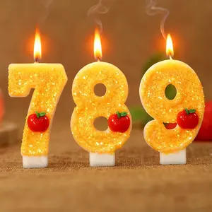 1pcs Red apple-shaped fresh yellow number candles for birthdays, sparkly party supplies, number candles, cake decorations, DIY birthday and first birthday candles.