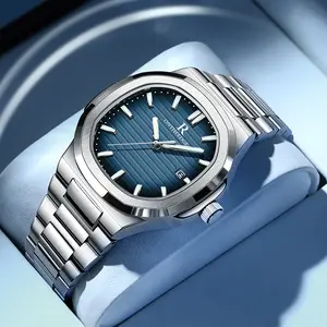 Men's Luxury Square Blue Dial Quartz Watch - Stainless Steel Wristwatch with Date, Luminous Hands, Waterproof, Classic Business Casual Dress Watch, Perfect Gift for Husband Dad