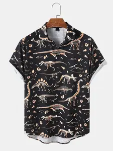 Vintage Dinosaur Bones Hawaiian Shirt Menswear, Stylish Shortsleeve Button Aloha Top, Casual Classic Tropical Graphic Streetwear Polyester
