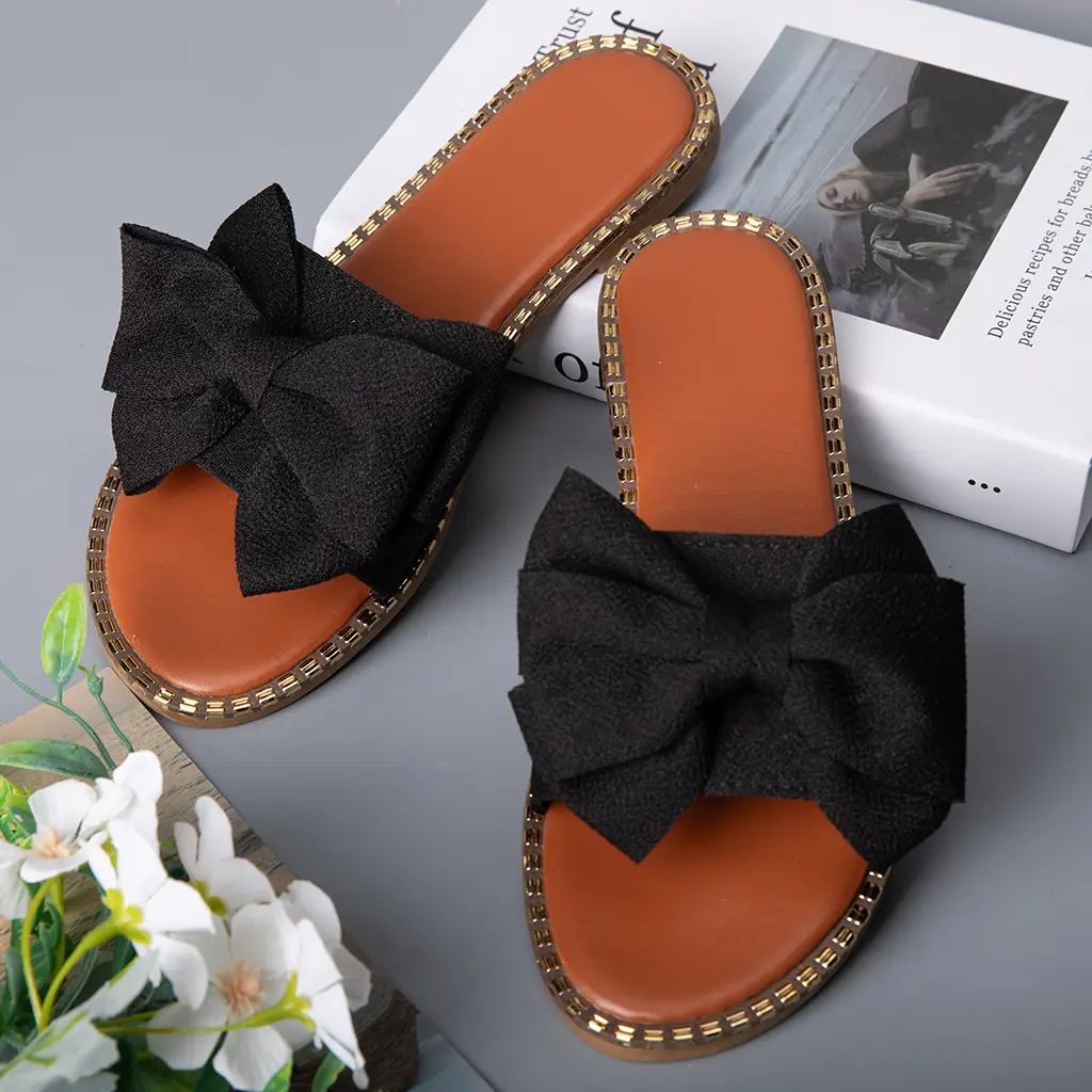 Women's Cute Bowknot PU Leather Sandals - Open Toe, Backless, Slip-On Flat Slippers Sandals, Breathable, Non-Slip Footwear for Summer Beach, Casual Wear, Walking Shoes, Women's Sandals