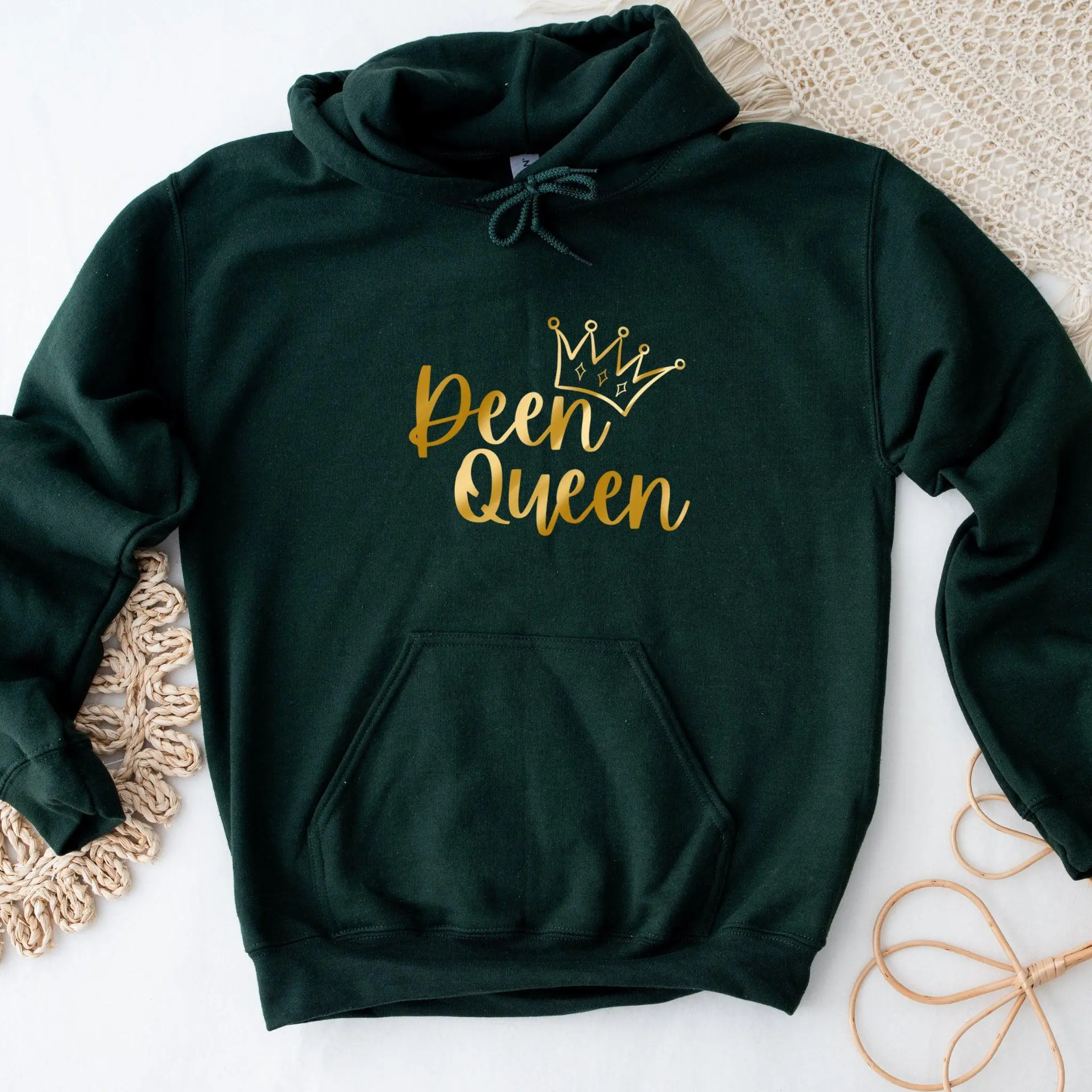 GOLD Deen Queen Hoodie by Humraha | Desi Arab Muslim Fashion Apparel Gifts for Ramadan Eid Nikkah Wedding Couples Families New Moms Aunts Uncles Grandparents | Pakistan India Bangladesh Palestine Lebanon Egypt Syria