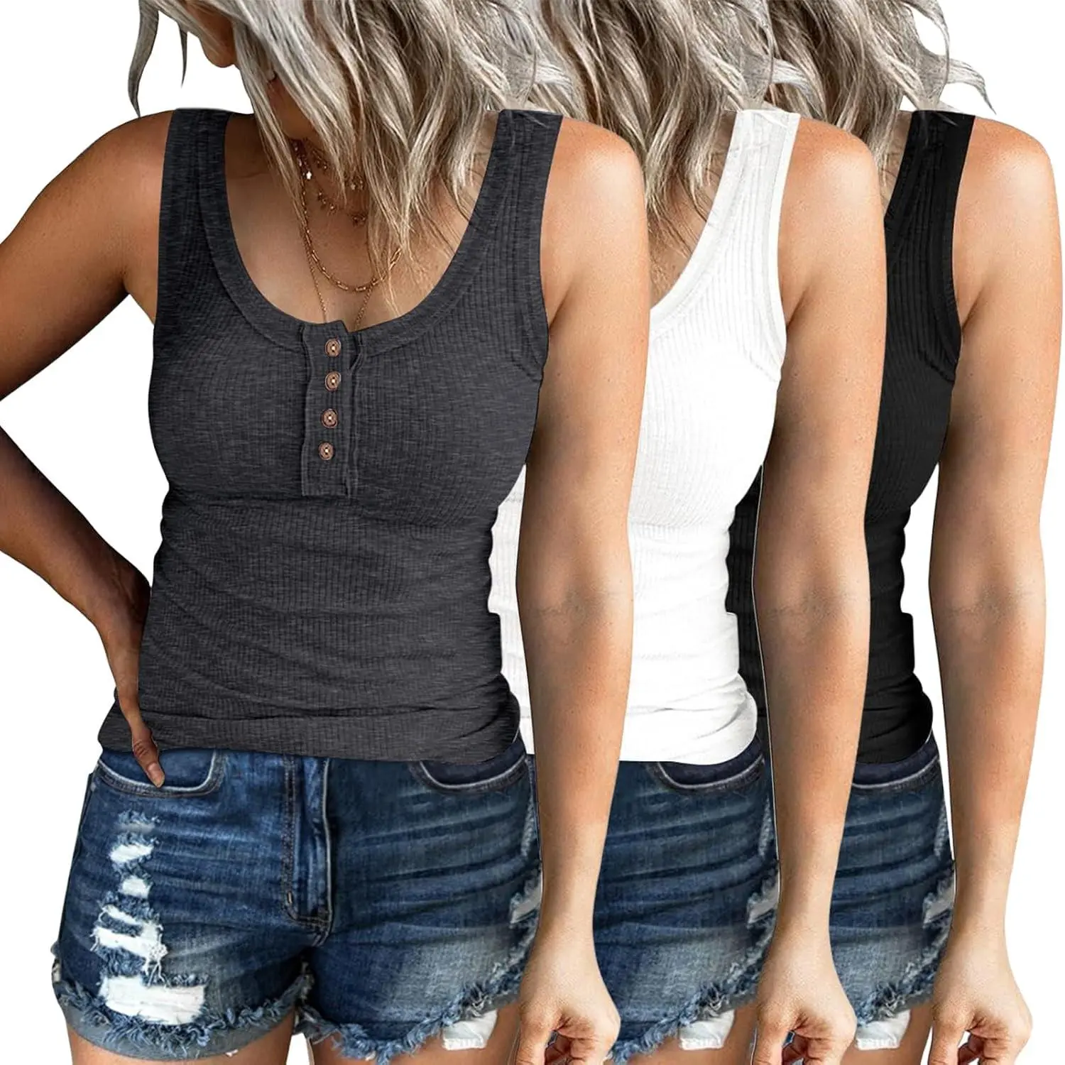 Women's 3-Pack Ribbed Casual Henley Button-Down Sleeveless Tank Tops - Slim-Fit Basic Camis, Casual Fitted Sleeveless Women's Clothes for 2025 Summer, Casual Tank Top