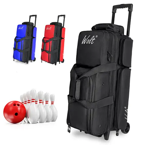 Wolt Durable 3-Ball Bowling Bag - 600D Synthetic Polyester Duffle, 38-in Retractable Handle, Wide Base for Enhanced Stability, Ultra-Large Capacity Separate Shoe Compartment, Padded Divider, Zippered Top, for Pro Tournament Travel & Youth Ball Set