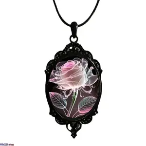 2026 New Blush Pink Transparent Petal Rose Pattern Glass Pendant Necklace for Women, Women's Jewelry, Artistic Necklaces, Ideal Womens Gifts Ideal for Victorian Outfits, Dark Academia Style, Goth Cosplay, and Romantic Gothic Gift