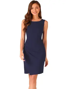 INSPIRE CHIC Women's Business Casual Dress Boat Neck Sleeveless Ruched Office Summer Pencil Dresses