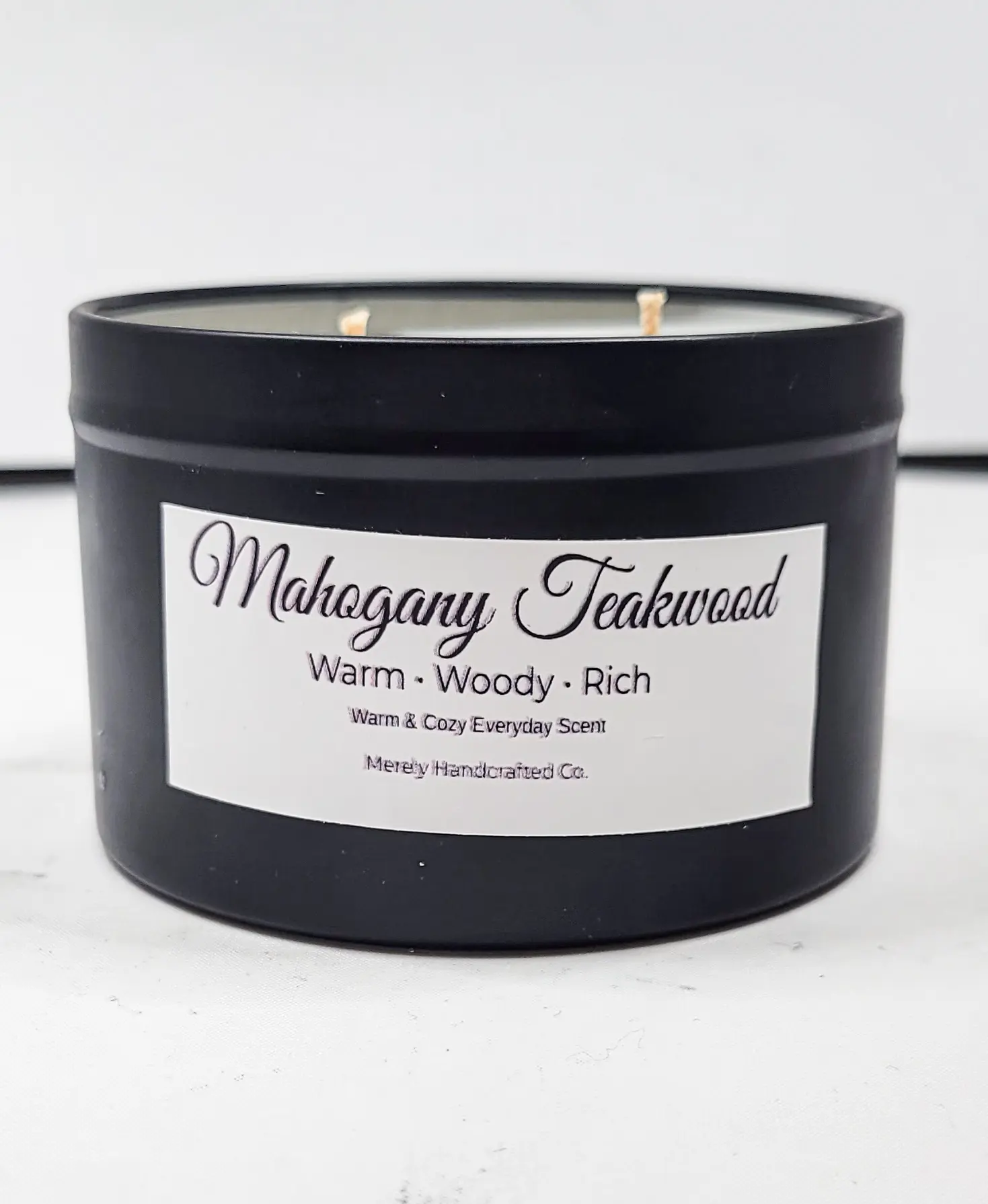 Merely Handcrafted Mini Mahogany Teakwood Candle 6 oz Black Tin | Handmade Woodsy Scented Candle | Home Decor Gift Ornaments Ornaments Perfume