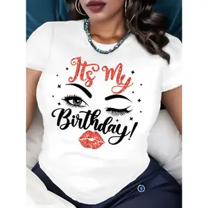 Glittery Birthday Print T-Shirt - "It's My Birthday!" Graphic Tee with Red & Pink Accents, Casual Crew Neck Short Sleeve Top for Women - Soft Polyester Knit Fabric, Machine Washable, All-Season Wear, Party Attire | Festive Design Top