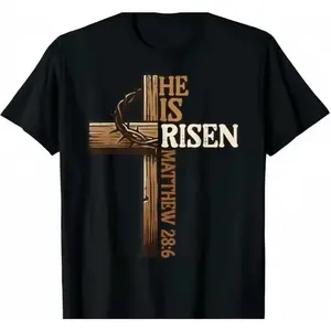 Cotton Short Sleeve T-Shirt Easter Cross He lsRisen Jesus Christian Men Kid Youth T-Shirt
