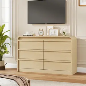 Farmhouse TV Stand for Living Room, Entertainment Center with 6 Storage Drawer & Curved Profile Design, Wooden Media Console Table with Storage Compartments, Natural
