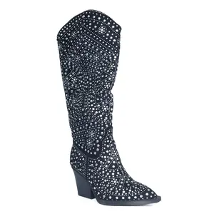 Lauren Lorraine DINGO Women's Winter Slip On Chunky Heel Pointed Toe Knee High Court Boot with Shimmering Embellishments for Bold Fashion