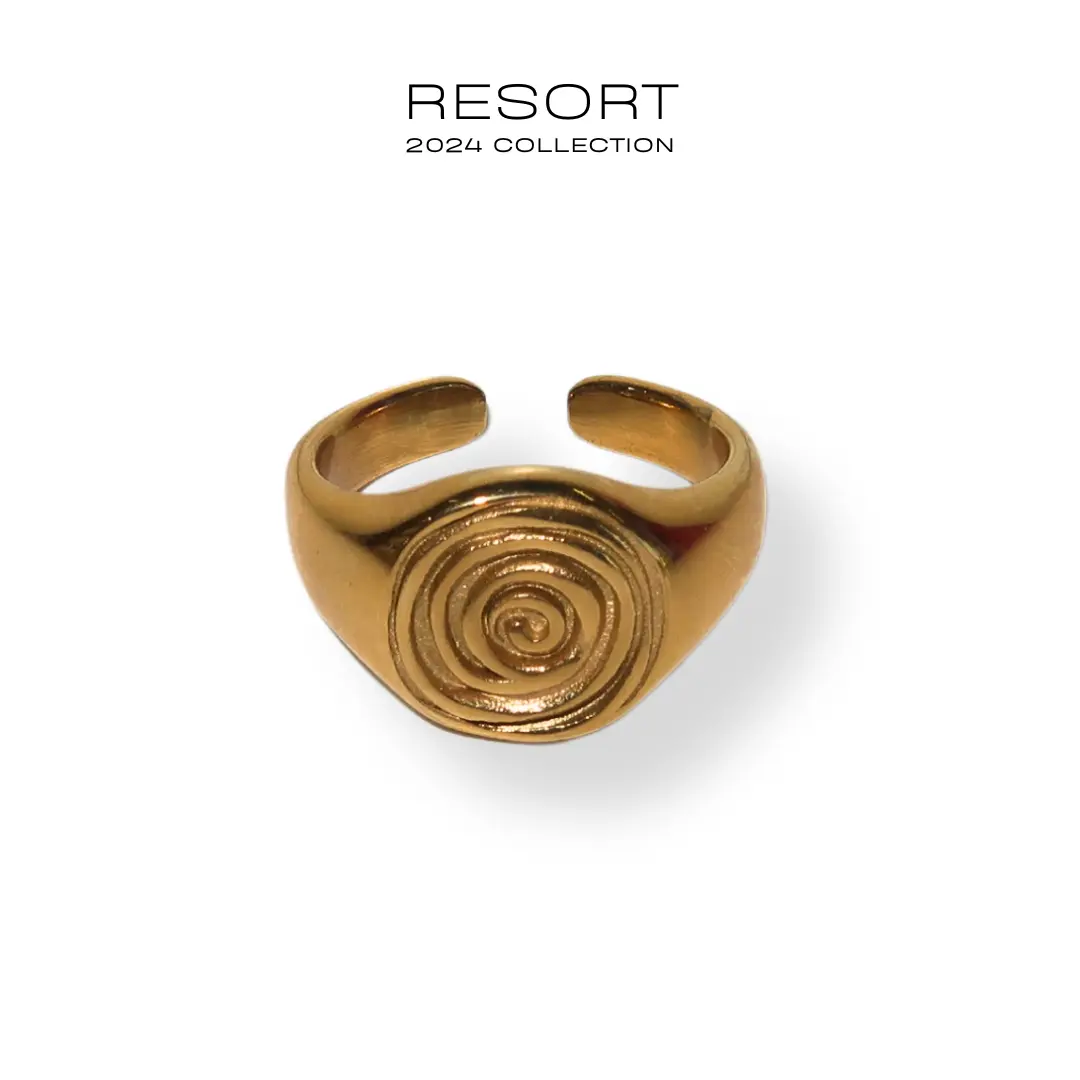 RESORT24: 18k Gold Plated Swirl Design Tycoon Ring, 10mm Width, Water Resistant, One Size Fits Size 7
