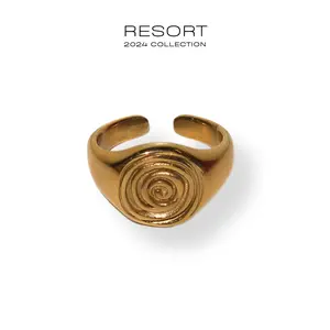 RESORT24: 18k Gold Plated Swirl Design Tycoon Ring, 10mm Width, Water Resistant, One Size Fits Size 7