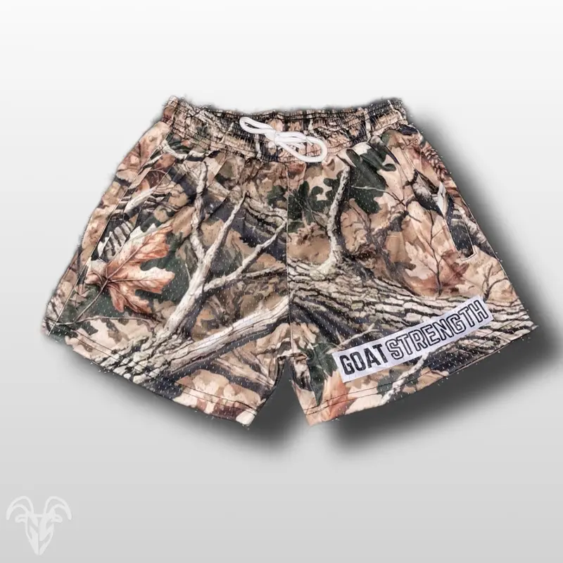Goat Strength Hunter Camo Athletic Mesh Shorts - Outdoor Shorts Sportswear, Soft Breathable Cool Dry Mesh, Sports Casual Gym Fit with Zipper Pockets