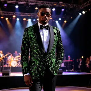 Men's Black Velvet Tuxedo Jacket with Green Sequin Embroidery, Slim Fit Peacock Pattern Blazer for Prom, Stage & Wedding