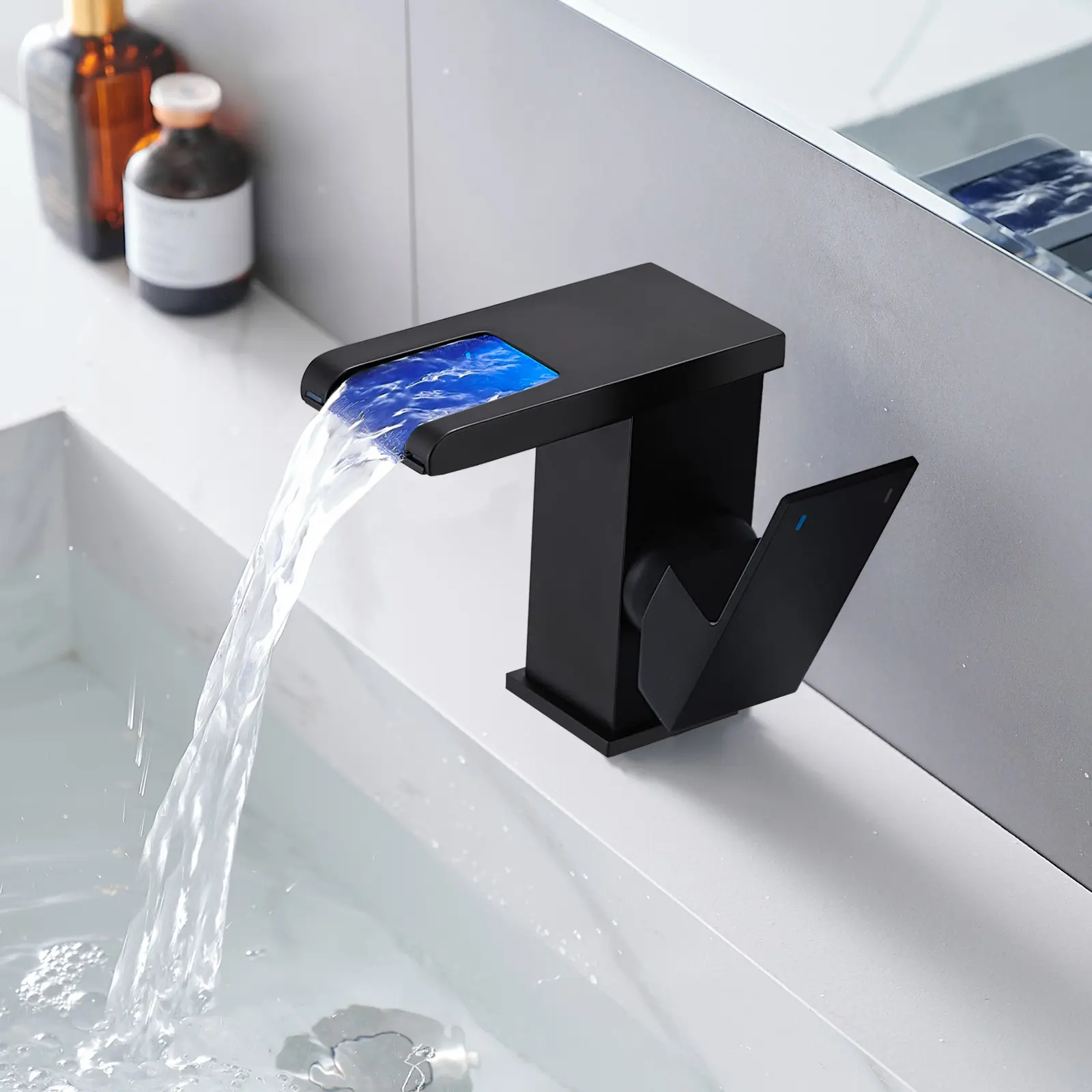 BESY Modern Rust-Resistant LED Stainless Steel Black Waterfall Bathroom Faucet - Single-Hole Single-Handle Vanity Tap for Renovation, 3-Color Temperature-Sensitive Lights, Durable Ceramic Cartridge, Supply Lines for RV Sinks