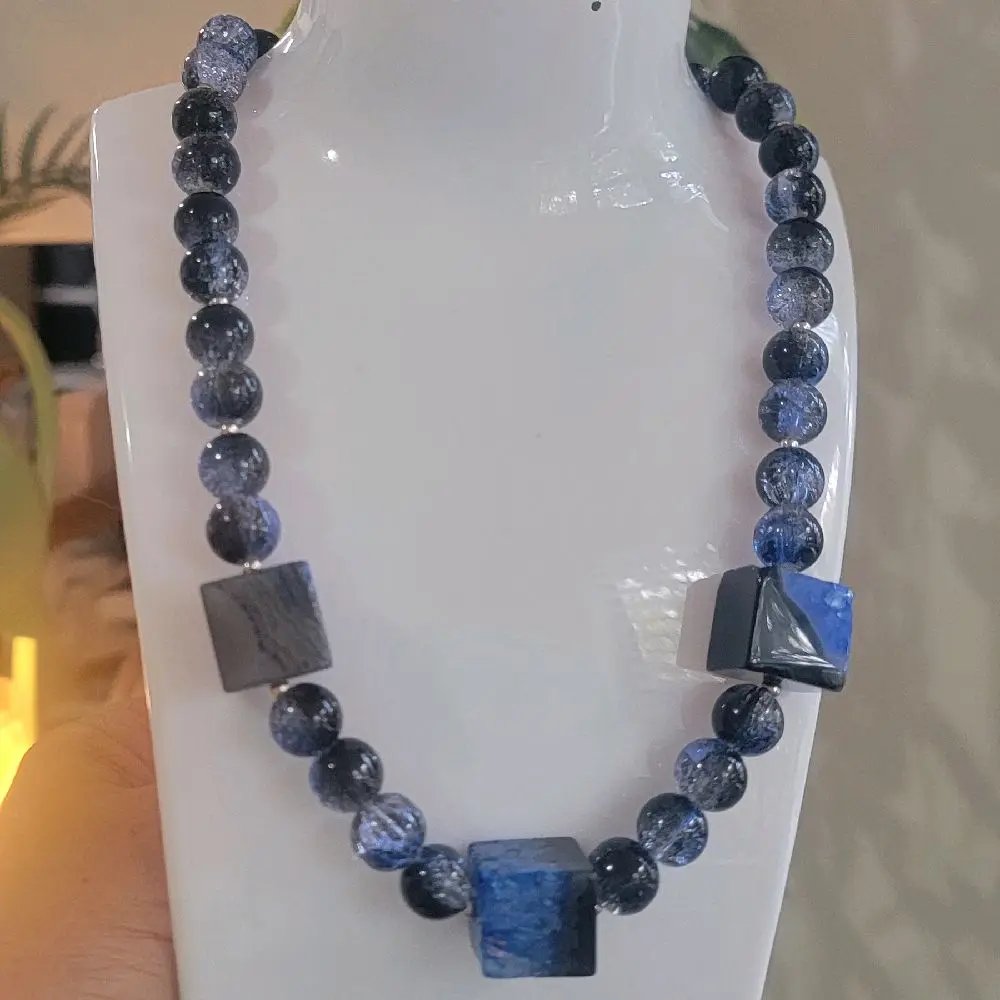 Midnight Blue Marble Statement Necklace – Handmade Geometric Beaded Necklace