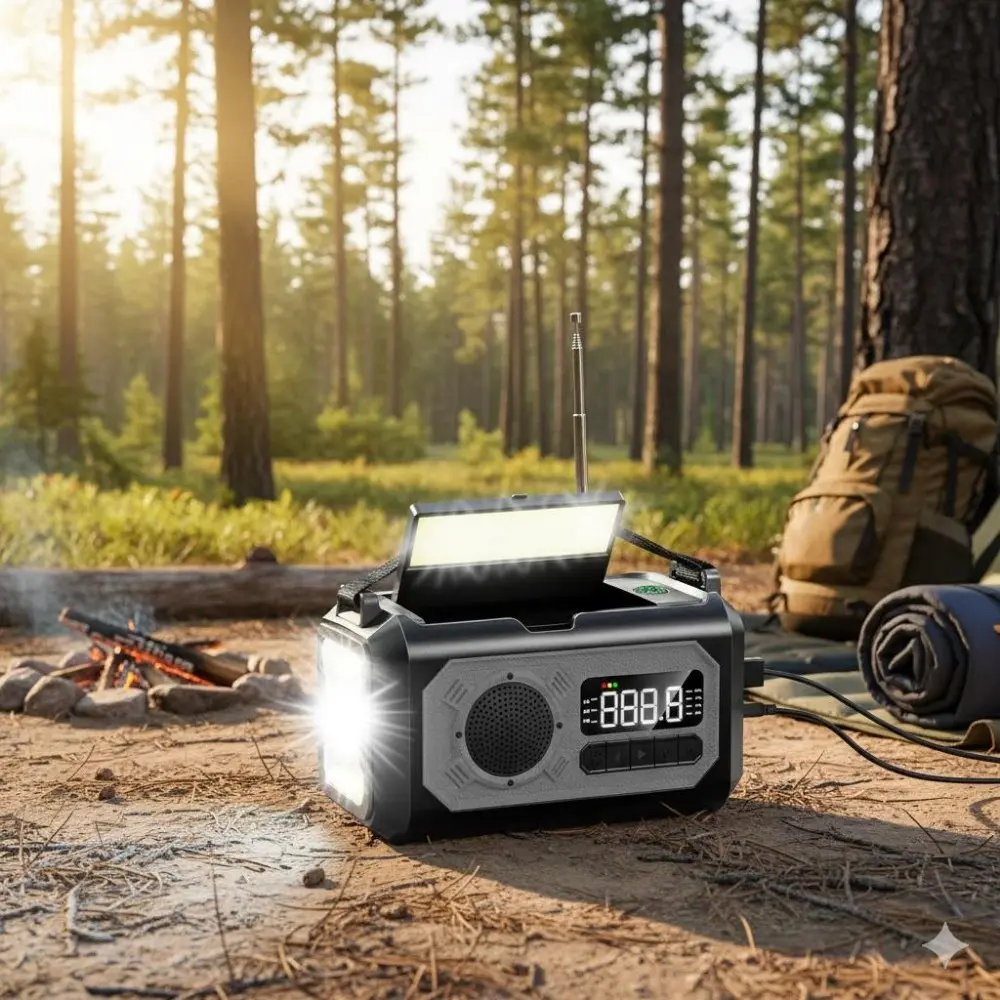 Portable Emergency Solar Power Bank, 12000mAh Hand Crank Radio with AM/FM/NOAA Weather Alert, Bright LED Flashlight & SOS Light for Outdoor Camping, Survival, and Power Outages, Solar Chargeable