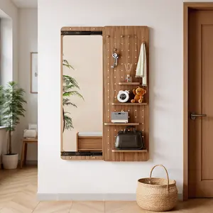 High Quality DIY Wall Mounted Mirror with 4-Layer Shelves & 5 Hooks, Multifunctional Design for Living Room & Bedroom, Space Saving, Easy Install, Brown Wood Frame, Explosion-Proof Mirror, High-Definition Reflection