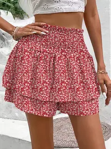 Women's Bohemian Vacation Style Small Floral High Waist Elastic Waist Casual Fashion Skirt Pants, Perfect for Daily Wear and Beach Holidays