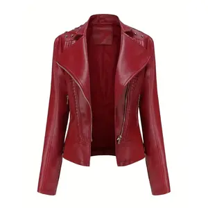 Women's Edgy Chic Long Sleeve Motorcycle Biker Jacket with Lapel Collar, All-Season Outerwear Biker Clothing, Motorcycle Riding Gear, Sleek Texture Finish Streetwear Style Plus Size Black Red Camel S-2XL