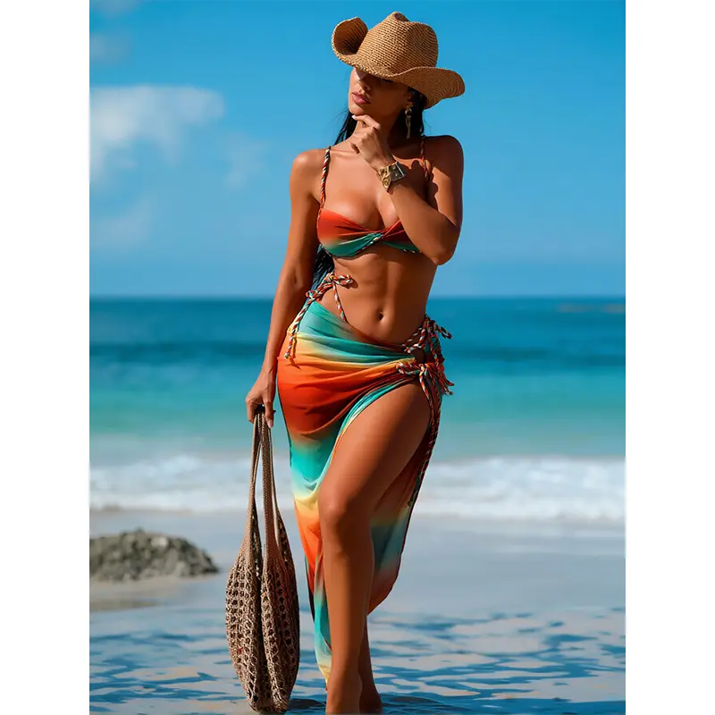 Women's 3-Piece Boho Ombre Polyester Clothes Bikini Set - Twist Front Top with Adjustable Straps, High Waist High Cut Bottoms, Secure Fit Wrap Sarong for Beach Trips