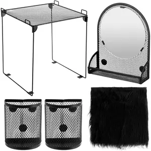 5 Pcs Locker Shelf Organizer and Accessories Back to School Essentials Includes 1 Magnetic Mirror with Bottom Tray, 2 Pen Holders, 1 Locker Metal Grid Rack, 1 Faux Fur Mat(Black)