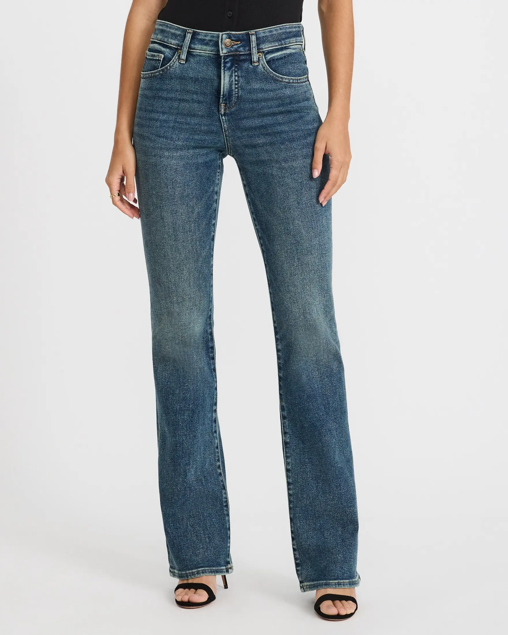 Express Hyper Stretch Women's Mid Rise Bootcut Jeans, Comfortable Fitted Bottoms in a Dark Wash, Spandex, Fabric
