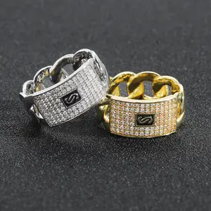 UURiel Stylish Cuban Link Ring Golden-Plated lced Out  , Size 8/9/10/11/12,Hip Hop Streetwear Bling Ring for Men,Gift
