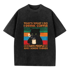 Vintage Washed Black Cat Coffee Graphic Tee, Retro "I Drink Coffee I Hate People" Meme Streetwear T-Shirt for Men Women, Funny Cat Lover Summer Top
