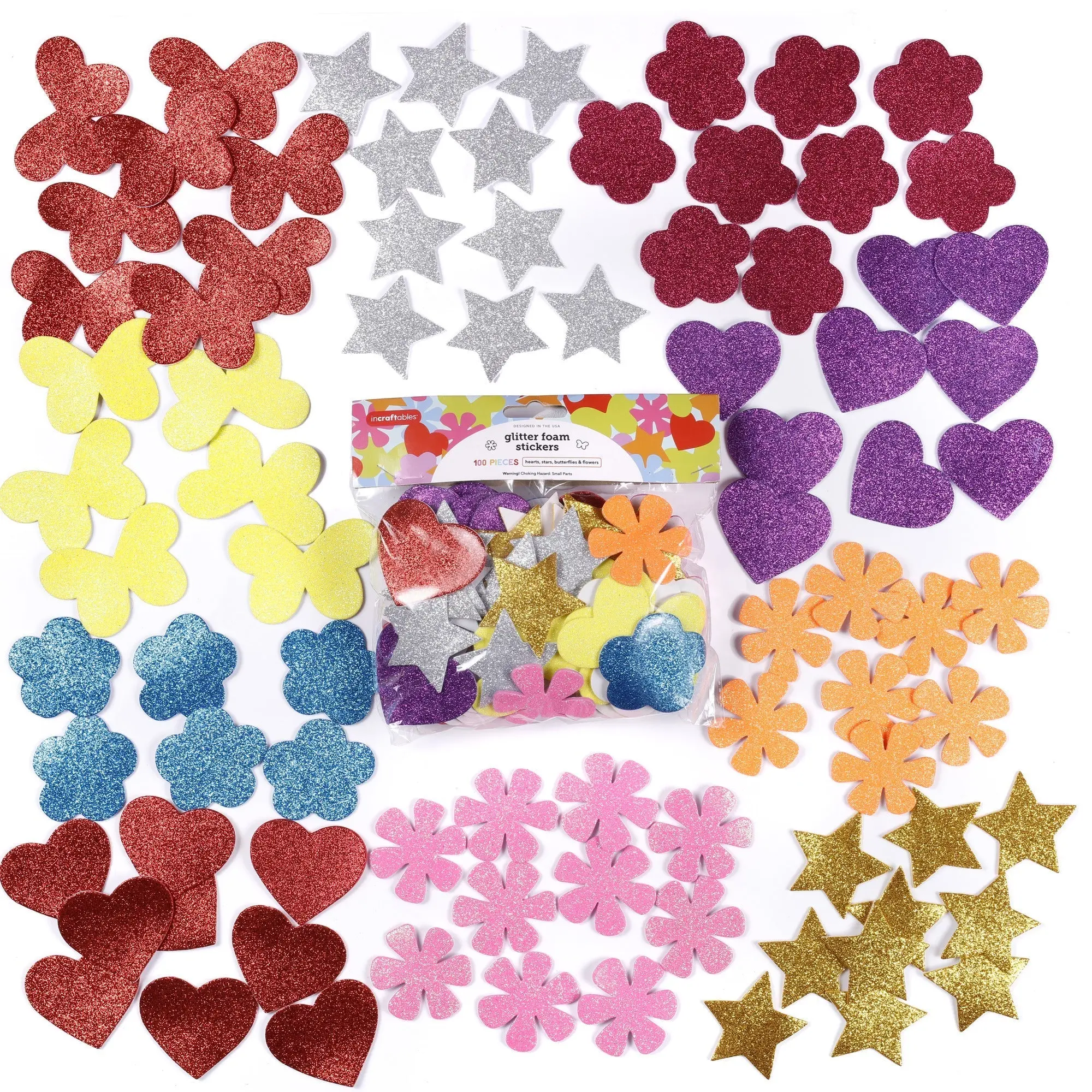 Incraftables Glitter Foam Stickers for Kids Self Adhesive 100pcs. Assorted Foam Flower Stickers, Heart Stickers, Star Glitter Stickers & Butterfly Sparkly Stickers for Arts & Crafts for Kids & Adults