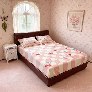 Plaid Cherry Heart Fitted Sheet Set, 3 Pieces (1 Fitted Sheet + 2 Pillowcases, No Pillow Inserts Included), Sweet Coquette Style Deep Pocket Bedding, Soft Breathable Microfiber, for Girls’ / Teens’ Bedroom Decor