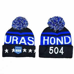 Beanie Honduras Black Color with Blue Pom-Pom and White Lettering for Stylish Warmth