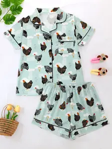 Women's 2-Piece Pajama Set Pyjamas, Casual Fitted Sleepwear Loungewear, All-Over Print Design, Short Sleeve Cardigan & Shorts, Spring Summer Fall Winter