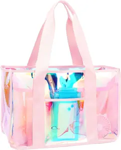 Iridescent Clear Beach Bag for Women Large | Jelly Tote Bag Waterproof Sand Proof Pool Bag | Cruise Vacation Essentials Beach Tote