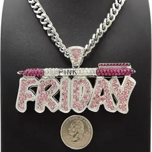 WOMEN'S HIP HOP ICED PINK FRIDAY PENDANT & CUBAN CHOKER CHAIN NECKLACE Female Anniversary Birthday Daily