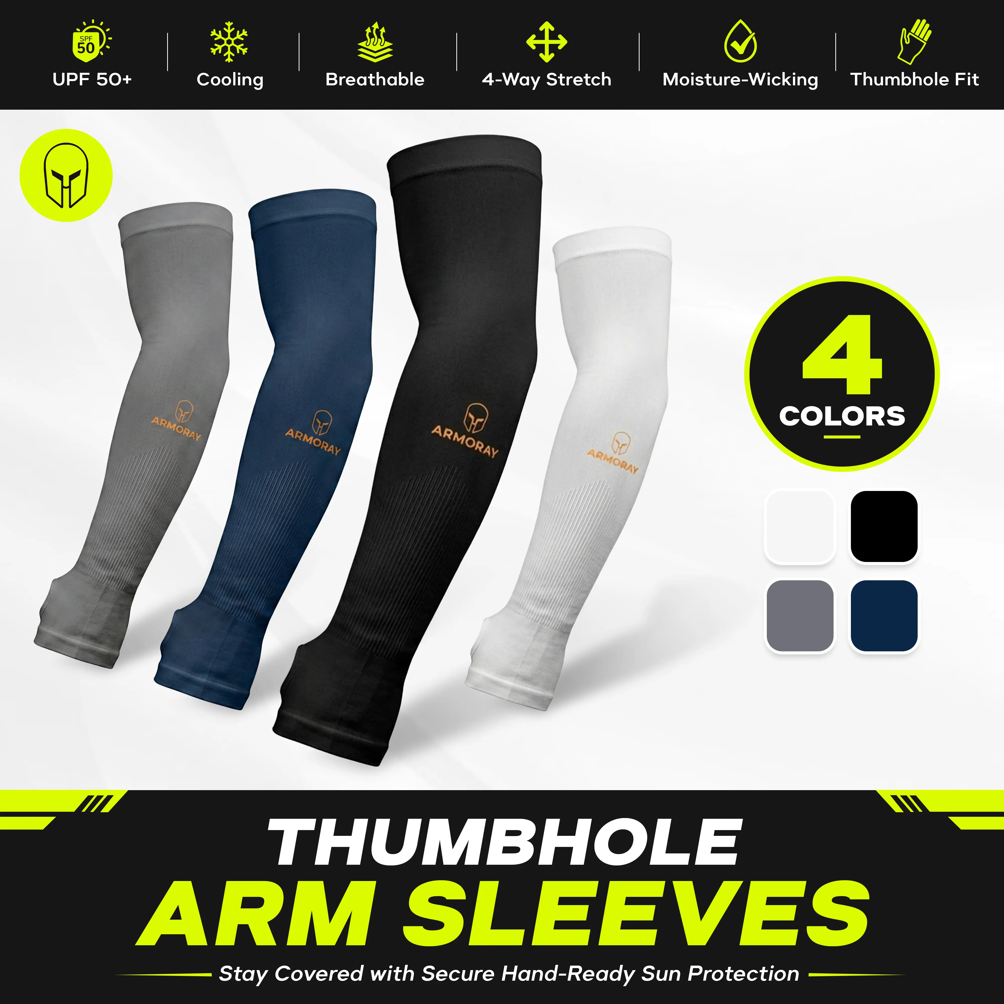 ARMORAY Thumbhole Arm Sleeves for Men & Women, UPF 50+ Cooling UV Sun Protection, Tattoo Cover Up Sports Sleeves for Basketball, Golf & Football