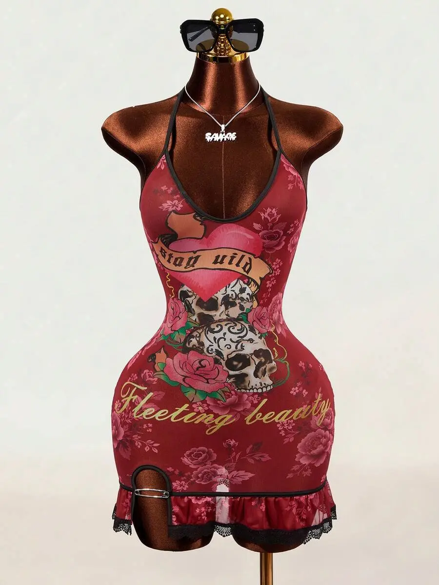 Lumina x Mistrie YK2 Sexy Sleeveless Neckline Halter Dress With Net Fabric Print And Patchwork Lace Trim In Contrasti Night Out Dark Red Summer