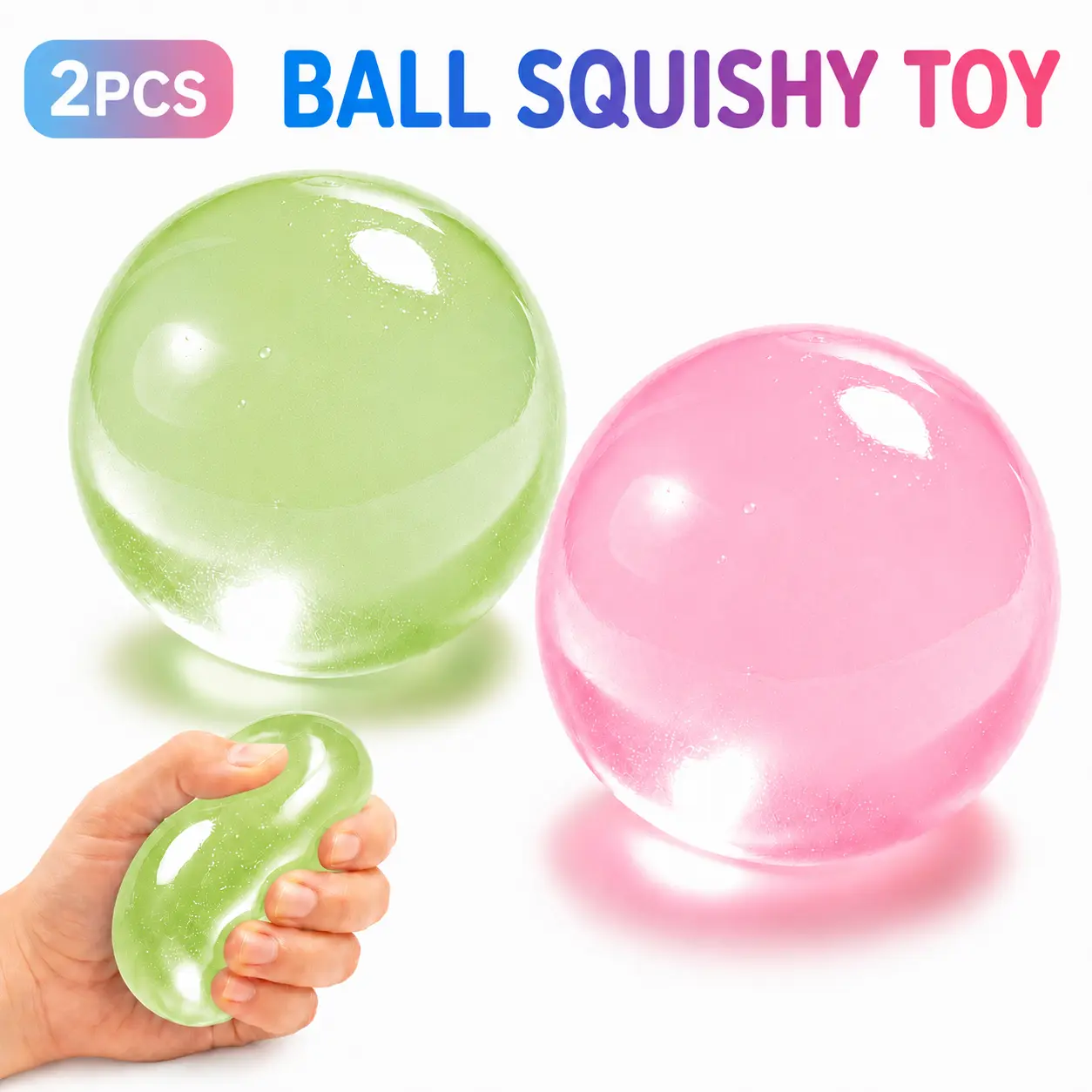 2PCS Transparent Crystal Glitter Squeeze Squishy Balls Soft Jelly Texture Fidget Toy Set Stress Anxiety Relief Quiet Sensory Toy for Classroom Office Home Use
