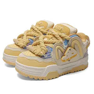 Qianda 2025 New Cheese Yellow Chunky Sneakers - Thick Rope Laces & Cheese Pendant for Trendy Look