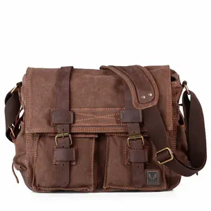 Muchuan Canvas Bag Vintage Canvas with Crazy Horse Leather Men's and Women's Messenger Bag Casual Shoulder Bag