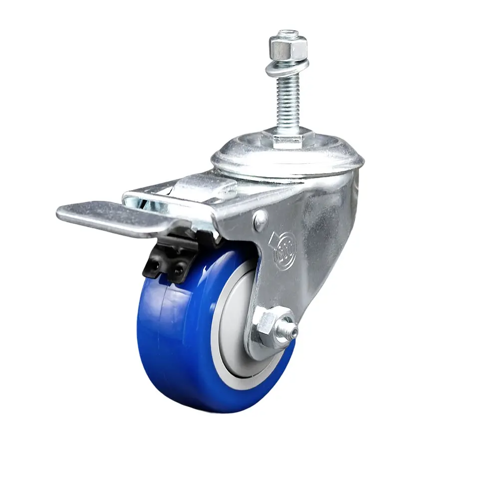 Service Caster SCC-TSTTL20S3514-PPUB-BLUE-M1015 Polyurethane Swivel Lockable Wheels Caster - Ball Bearing, 3.5x1.25 in, Blue, 10 mm Stem, Total Locking Brake, for Material Handling Equipment, Swivel Wheels