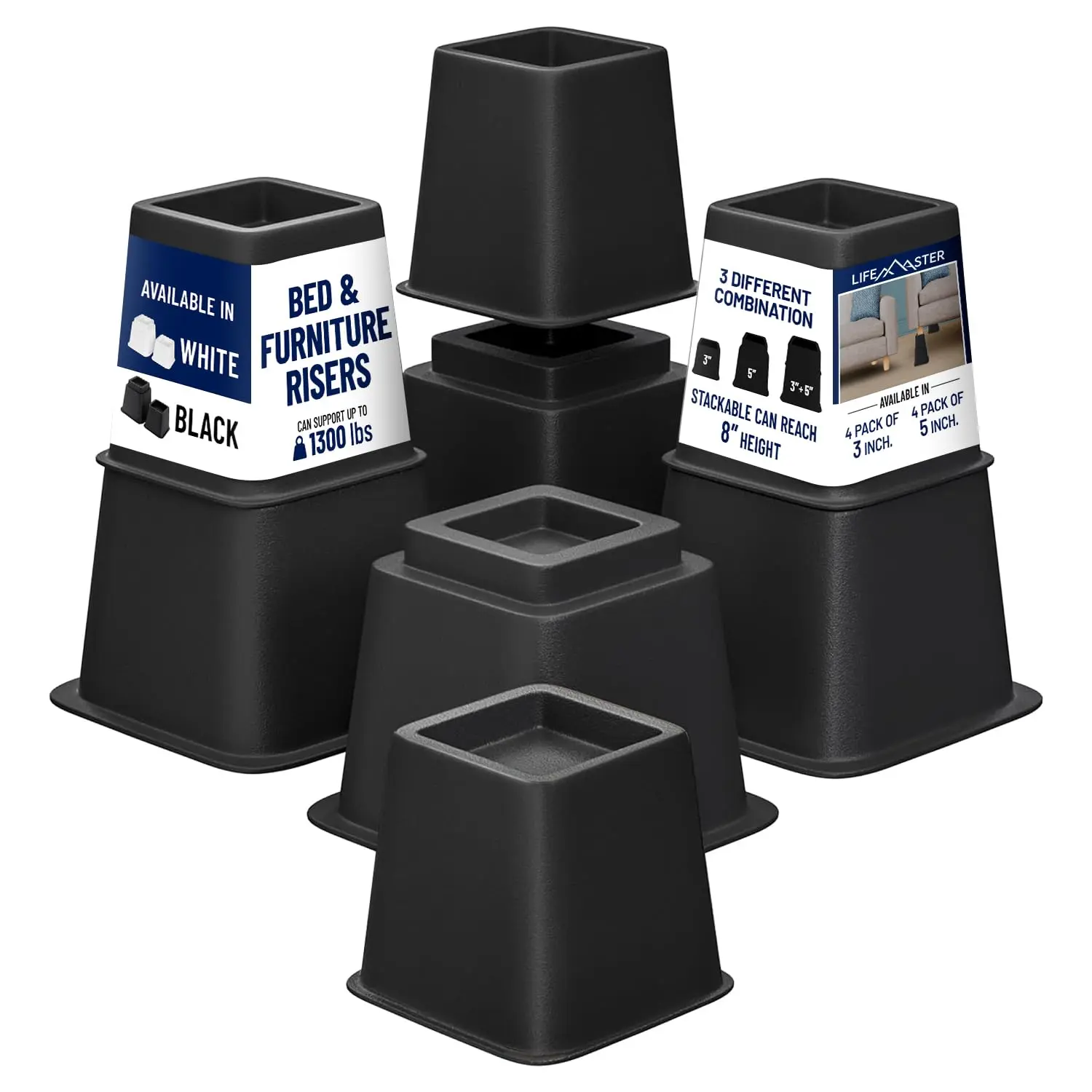 Lifemaster Furniture Riser Set - 8 Pieces Non-Slip Design Furniture Leg Riser fits with Bed, Chair, Table, Sofa, Desk, and Couches - Black