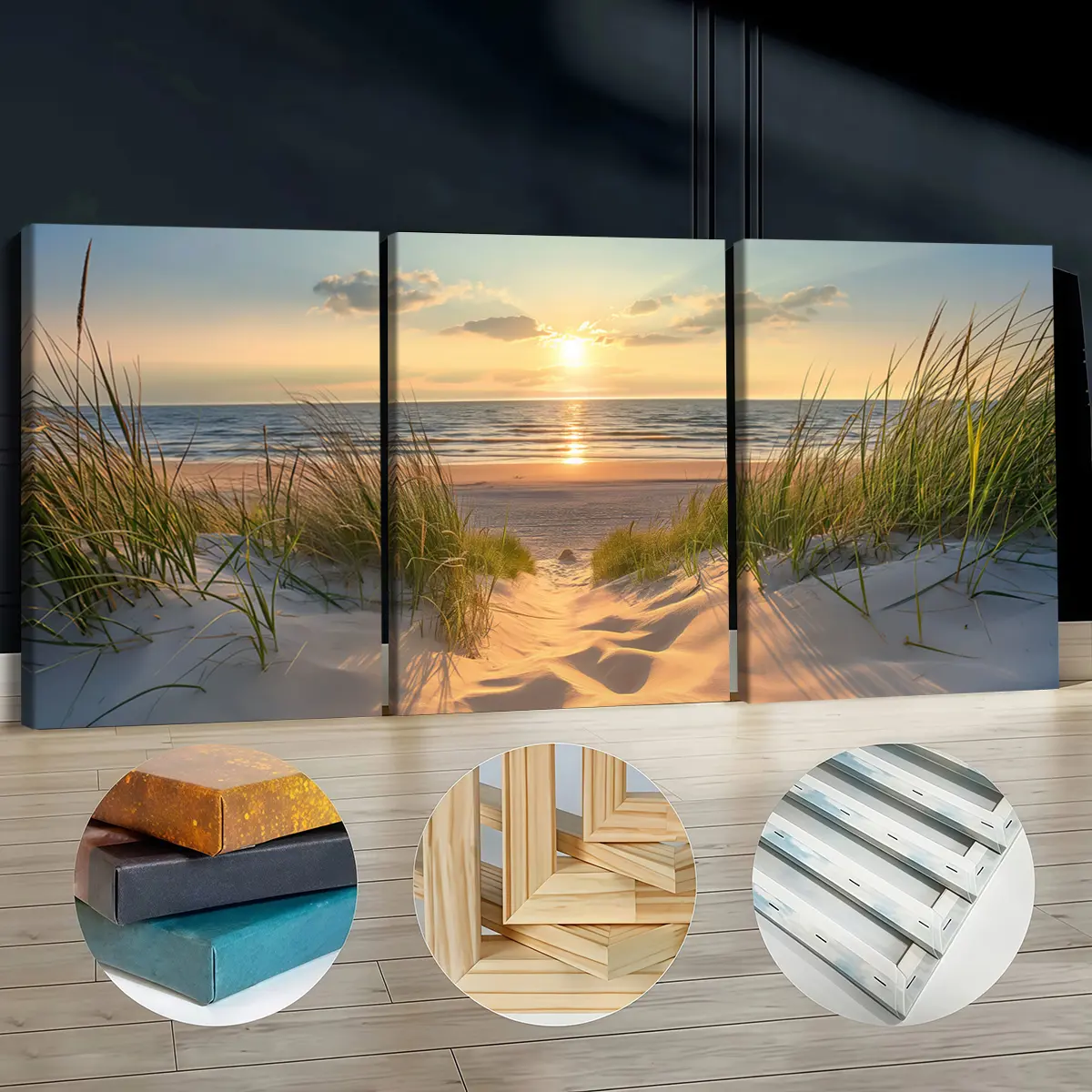3Pcs Artistic Wooden-Framed Canvas Prints - Sunset Beach Grass Dunes Artwork Painting, Waterproof Odorless Home Decor Decoration, Home Aesthetic Wall Art for Living Room, Kids Room Decor