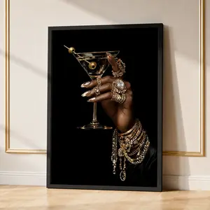 Cocktail Black Woman Art, Luxe Bar Cart Wall Decor, Rich Brown Gold Glam Poster