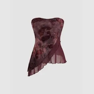 Women's Jacquard Paisley Asymmetrical Hem Tube Top - 2 Colors, Size 2-10
