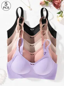 5-Pack Women's Lingerie Bras, High Elasticity Breathable Comfort, Sporty Plain Design, Wireless Medium Support, Slim-Fit Buckle Closure