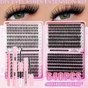 DIY eyelash extension kit, 640PCS 30D+40D+60D+80D style, including false eyelashes, glue, remover, tweezers, professional and beginner-friendly, easy to use at home. Eyelash beginner kit: complete set, can be used at home as easily as a professional