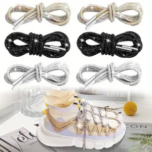 3 Pairs Rhinestone Round Shoe Laces, 55'' Bling Bling Crystal Rhinestone Glitter Rope Shoelaces Drawstring Cords Replacement