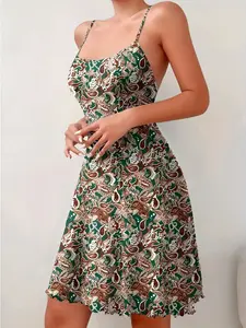 Elegant Floral Print Halter Dress, Casual Fashion Pajamas, Women's Home Wear, Comfortable and Stylish Sleepwear for Daily Use, Sleeveless