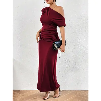 shein bridesmaid dresses burgundy SHEIN Modely Burgundy Red Ladies' Solid Color Simple Arabian Daily Mod |  Dress main image 1